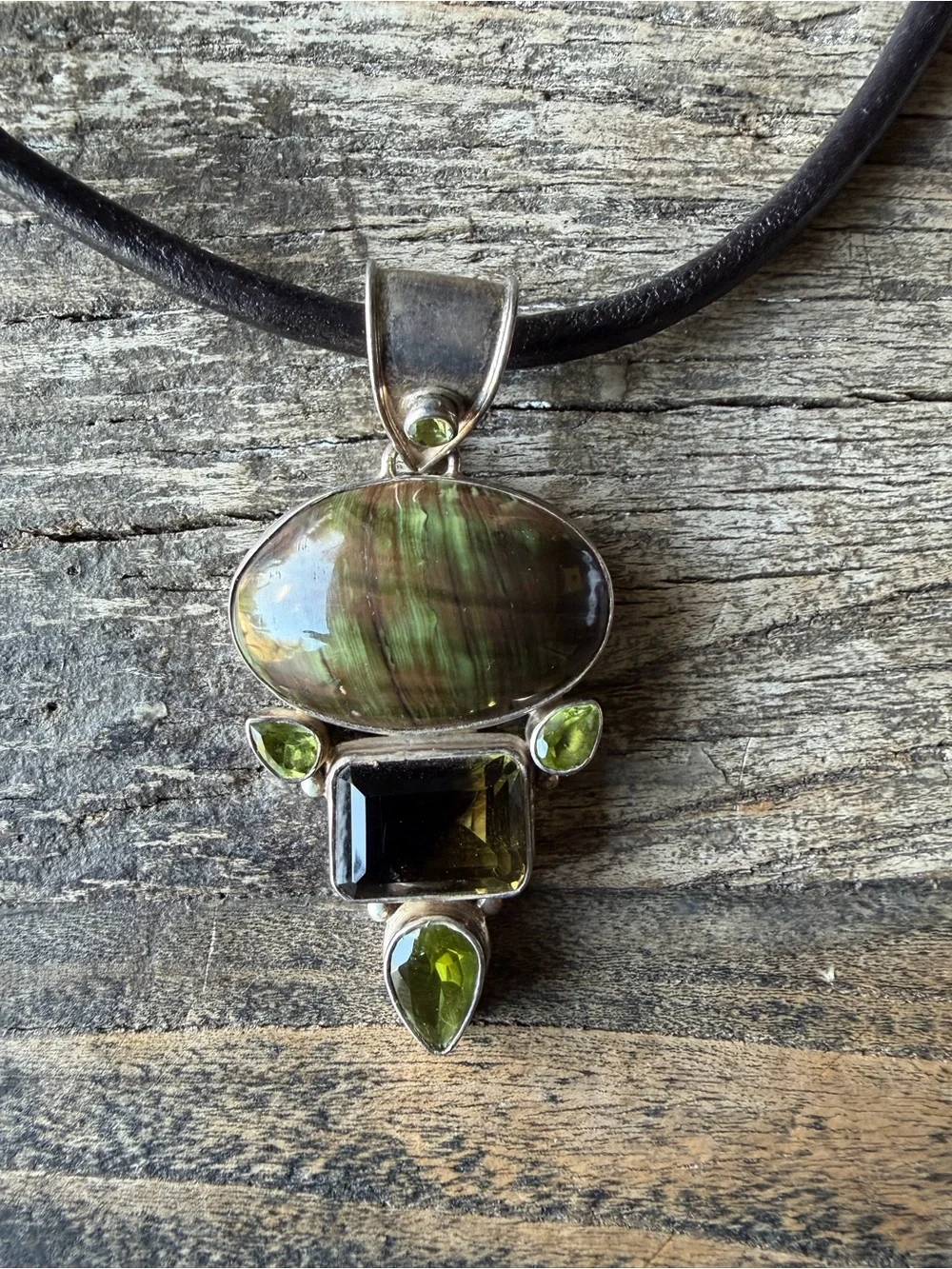Labradorite, Peridot, and Smokey Quartz set in Silver 925, Leather Cord